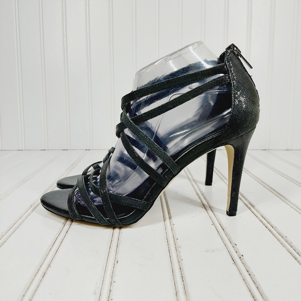NEW Banana Republic Black Leather Cross Straps Back Zip High Heeled Sandals I722